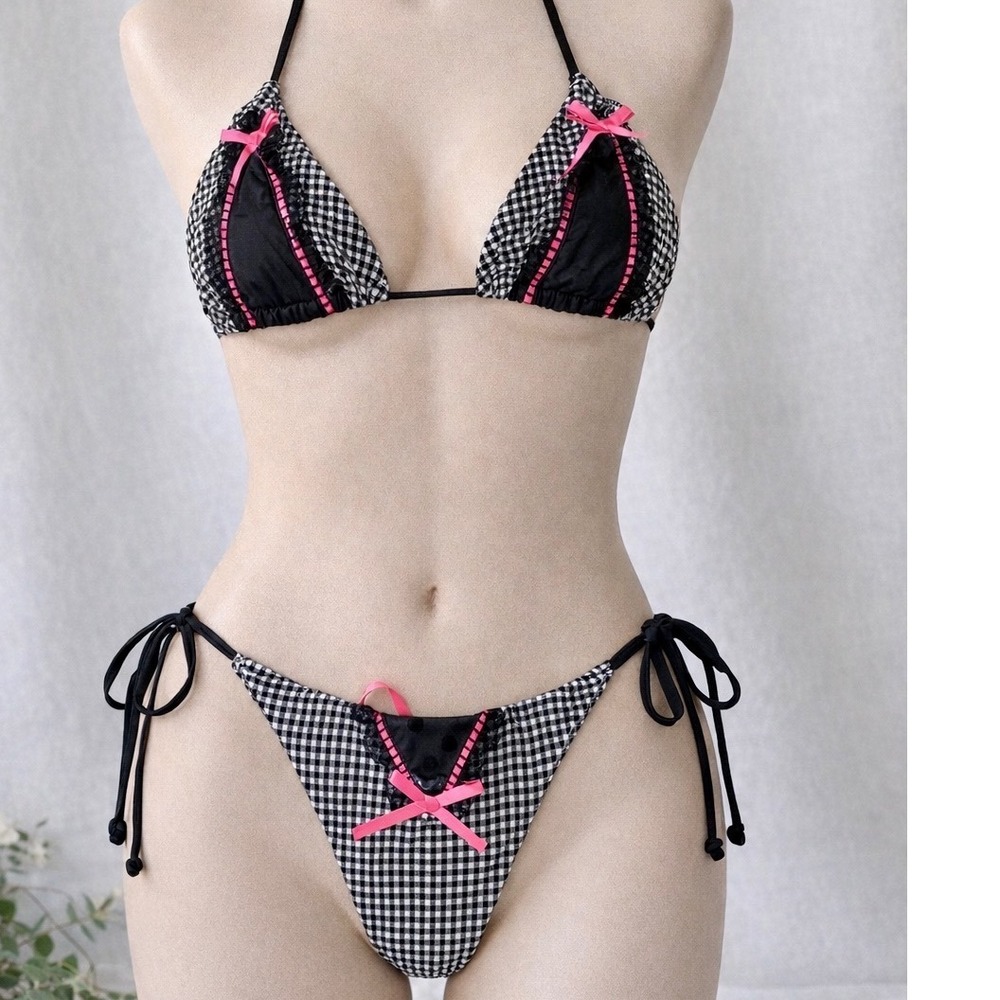 Beach Bunny Bikini Gingham Lace Pink Bow Coquette Y2K S Top L Bottom Rare